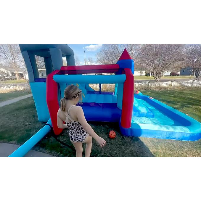 Inflatable Bounce House Water Slide Combo for Kids - 10 in 1 Blow Up Water Park with 580W Blower, 2 Slides with Sprinkler, Water Cannon, Climbing Wall, Football Goal for Backyard Party Gift