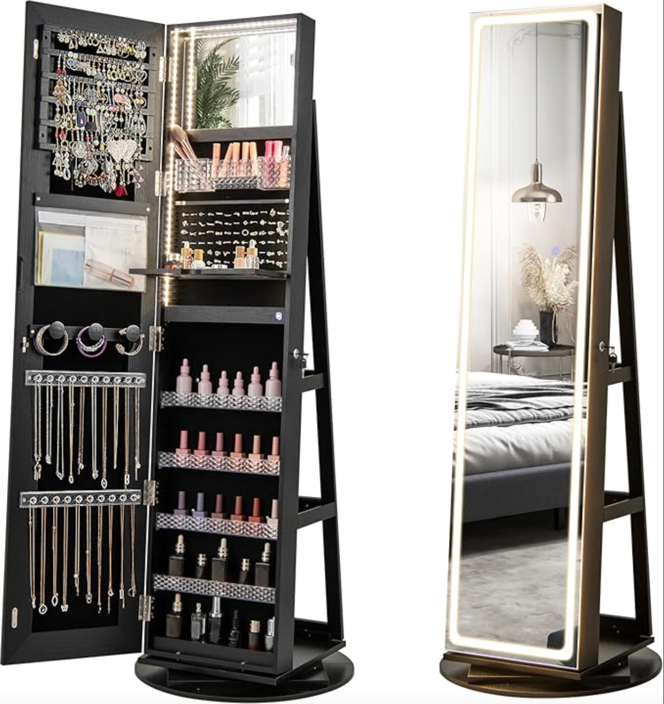 Mobile portagioie da terra con specchio LED, organizer girevole 360° 💍💄