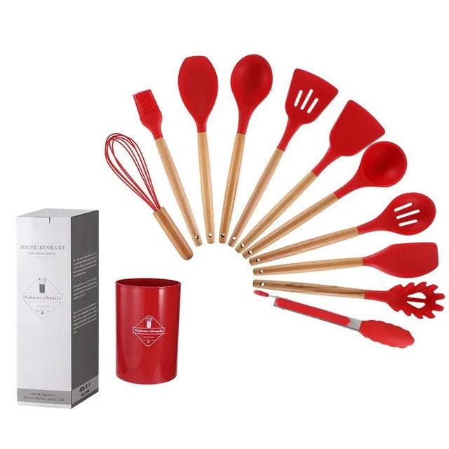 Ustensiles de cuisine en Silicone avec manche en bois, avec seau de rangement, résistant aux hautes températures et antiadhésif, cuillère spatule 12 pièces/ensemble 