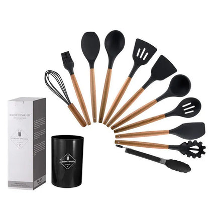 Ustensiles de cuisine en Silicone avec manche en bois, avec seau de rangement, résistant aux hautes températures et antiadhésif, cuillère spatule 12 pièces/ensemble 