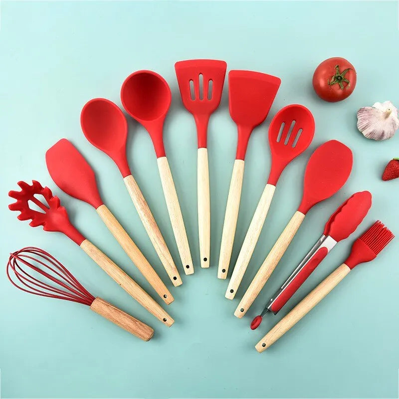 Ustensiles de cuisine en Silicone avec manche en bois, avec seau de rangement, résistant aux hautes températures et antiadhésif, cuillère spatule 12 pièces/ensemble 