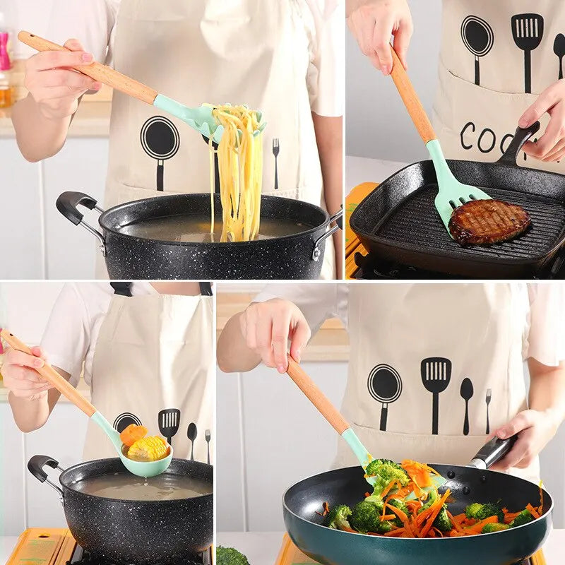 Ustensiles de cuisine en Silicone avec manche en bois, avec seau de rangement, résistant aux hautes températures et antiadhésif, cuillère spatule 12 pièces/ensemble 