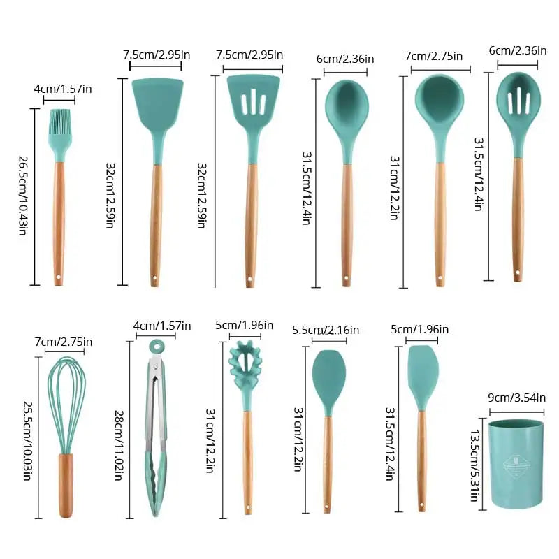 Ustensiles de cuisine en Silicone avec manche en bois, avec seau de rangement, résistant aux hautes températures et antiadhésif, cuillère spatule 12 pièces/ensemble 