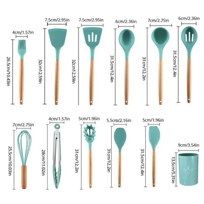 Ustensiles de cuisine en Silicone avec manche en bois, avec seau de rangement, résistant aux hautes températures et antiadhésif, cuillère spatule 12 pièces/ensemble 