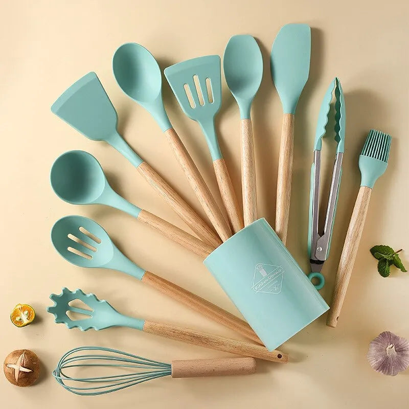 Ustensiles de cuisine en Silicone avec manche en bois, avec seau de rangement, résistant aux hautes températures et antiadhésif, cuillère spatule 12 pièces/ensemble 