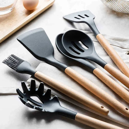 Ustensiles de cuisine en Silicone avec manche en bois, avec seau de rangement, résistant aux hautes températures et antiadhésif, cuillère spatule 12 pièces/ensemble 