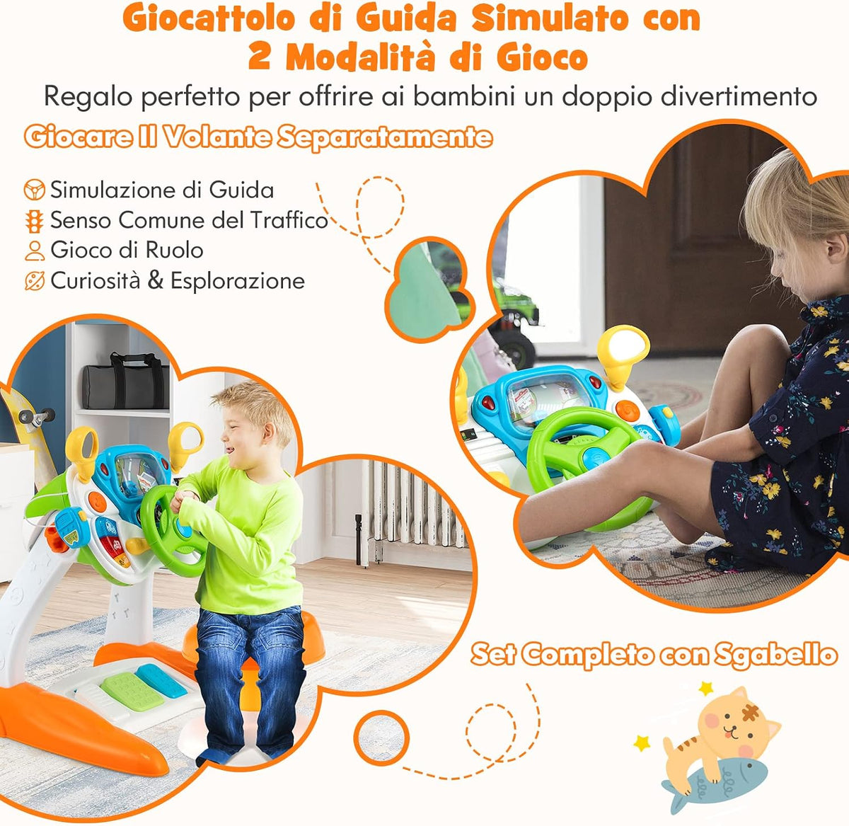 Simulatore di Guida Interattivo per Bambini con Volante, Pedali, Luci, Suoni e Sgabello 🏎️