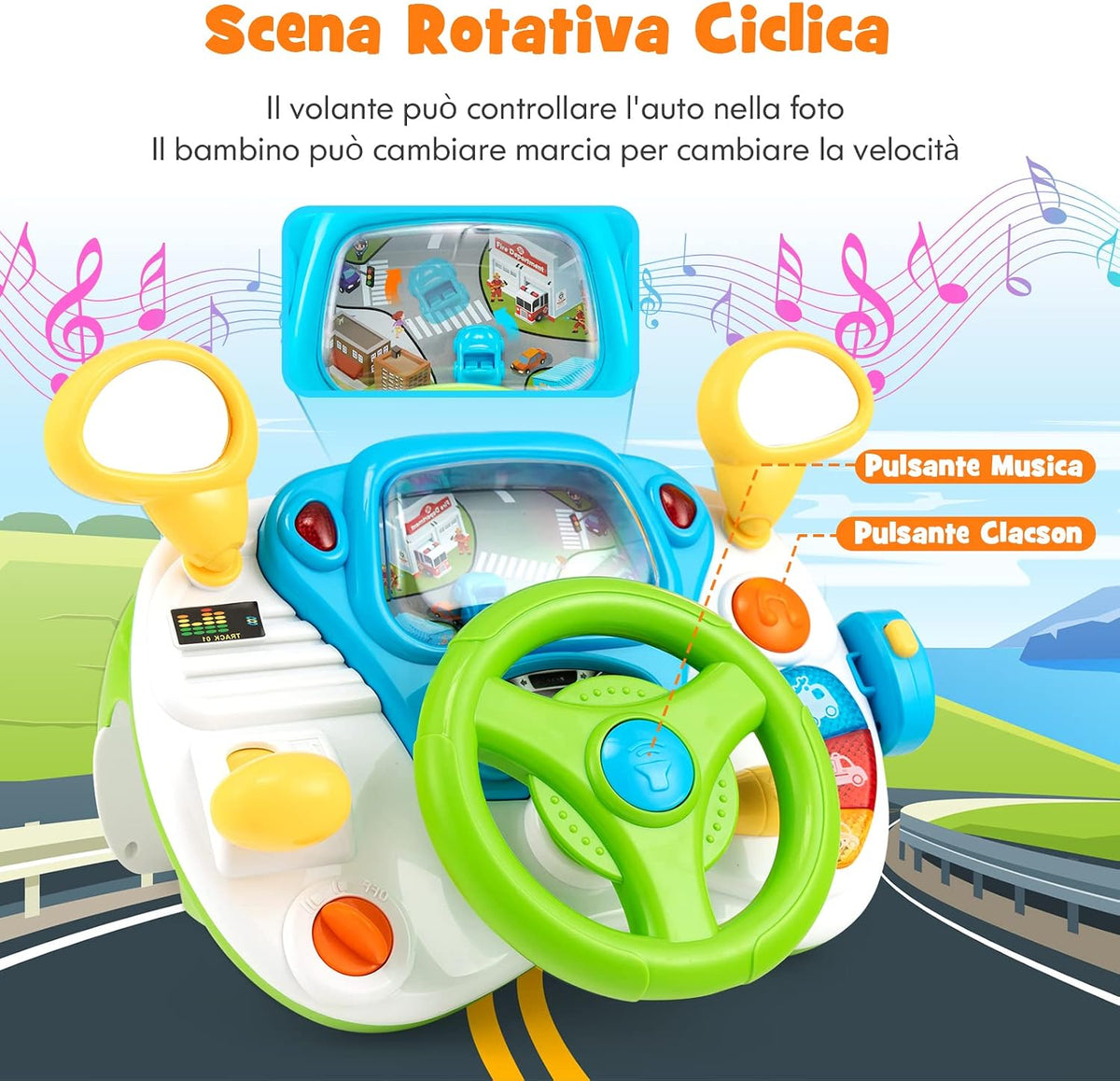 Simulatore di Guida Interattivo per Bambini con Volante, Pedali, Luci, Suoni e Sgabello 🏎️