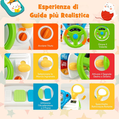 Simulatore di Guida Interattivo per Bambini con Volante, Pedali, Luci, Suoni e Sgabello 🏎️