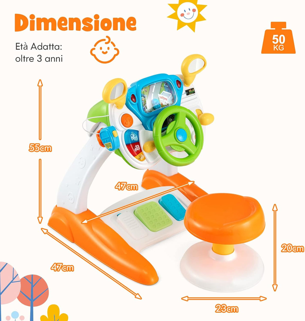 Simulatore di Guida Interattivo per Bambini con Volante, Pedali, Luci, Suoni e Sgabello 🏎️