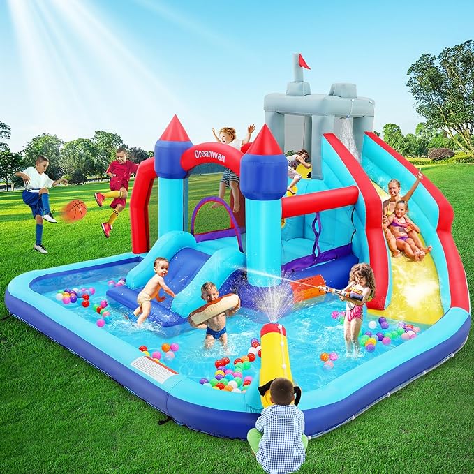 Inflatable Bounce House Water Slide Combo for Kids - 10 in 1 Blow Up Water Park with 580W Blower, 2 Slides with Sprinkler, Water Cannon, Climbing Wall, Football Goal for Backyard Party Gift