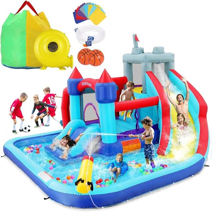 Inflatable Bounce House Water Slide Combo for Kids - 10 in 1 Blow Up Water Park with 580W Blower, 2 Slides with Sprinkler, Water Cannon, Climbing Wall, Football Goal for Backyard Party Gift