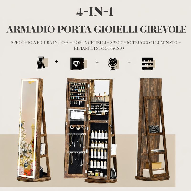 Mobile portagioie da terra con specchio LED, organizer girevole 360°