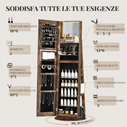 Mobile portagioie da terra con specchio LED, organizer girevole 360°