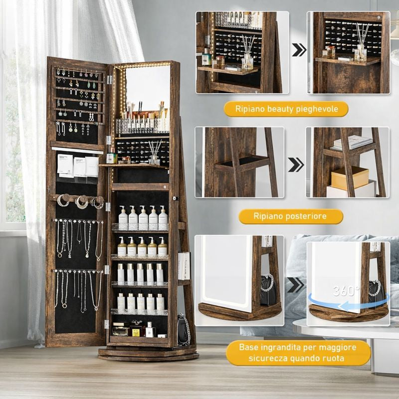 Mobile portagioie da terra con specchio LED, organizer girevole 360°