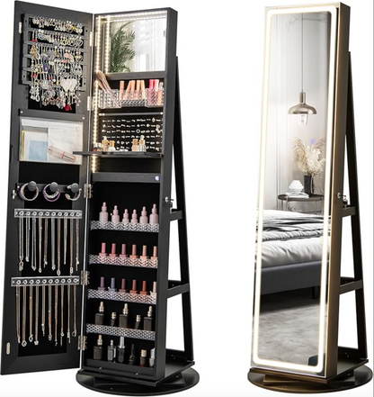 Mobile portagioie da terra con specchio LED, organizer girevole 360°