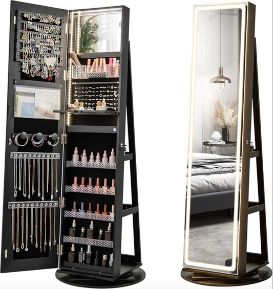 Mobile portagioie da terra con specchio LED, organizer girevole 360° 💞💄