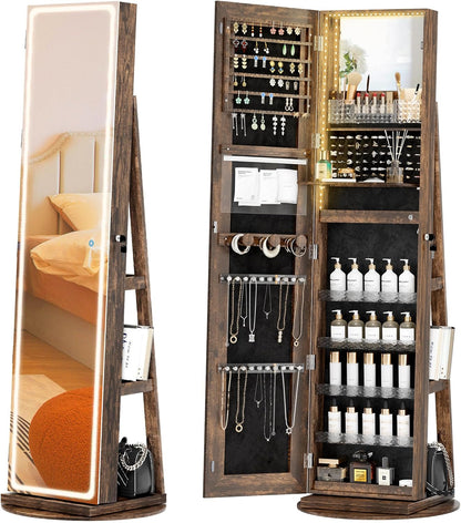 Mobile portagioie da terra con specchio LED, organizer girevole 360°