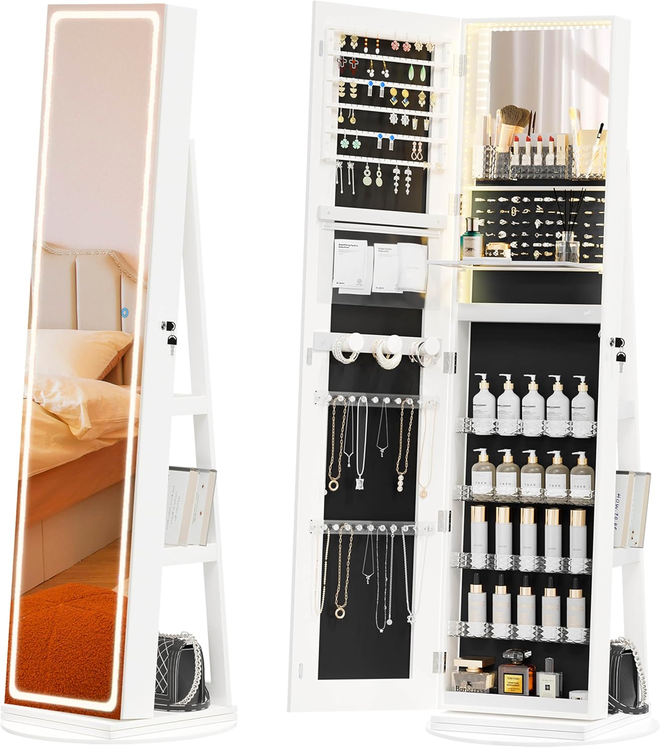 Mobile portagioie da terra con specchio LED, organizer girevole 360°