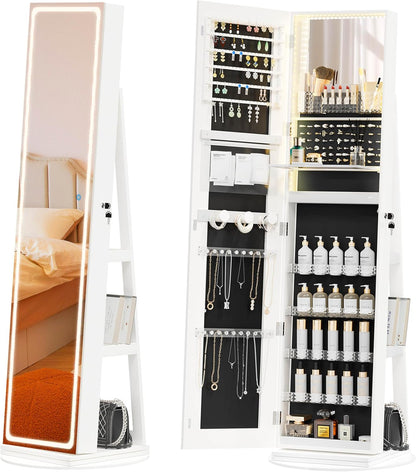 Mobile portagioie da terra con specchio LED, organizer girevole 360°