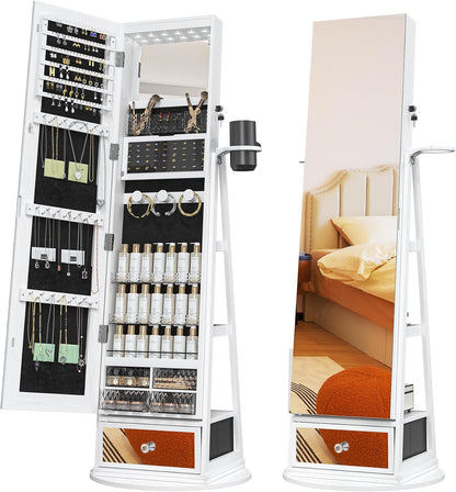 Mobile portagioie da terra con specchio LED, organizer girevole 360°